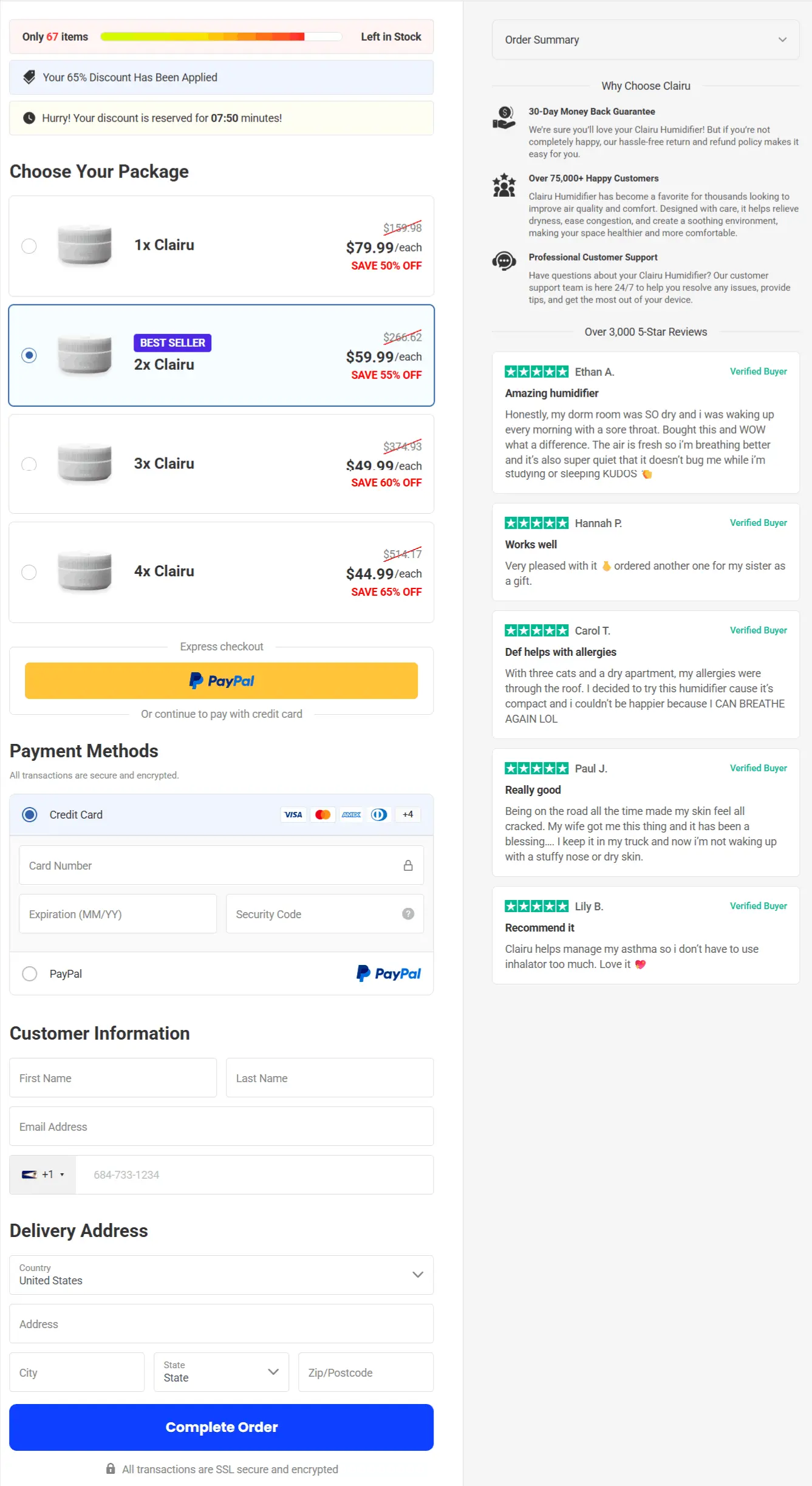 Clairu Humidifier secure checkout page